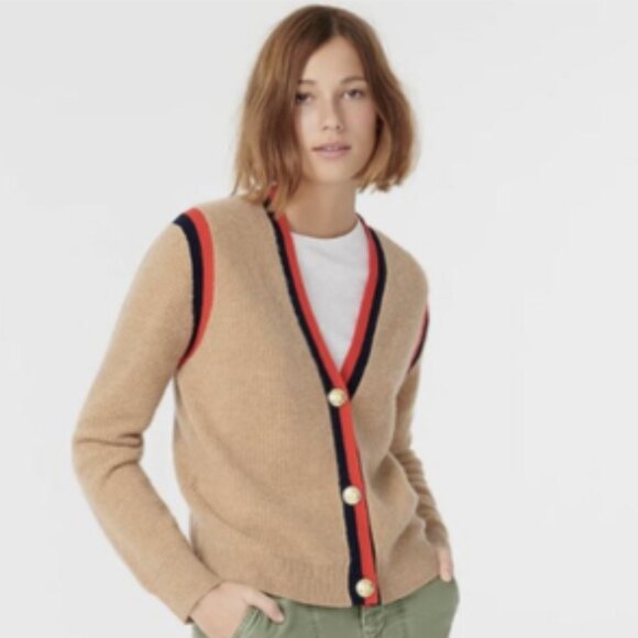 J Crew Cashmere Waffle Knit Cardigan Sweater Camel Tan Striped XS - Picture 3 of 14